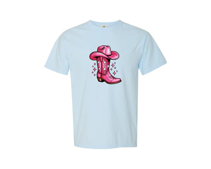 brand:Comfort Colors|color:Chambray|Pink Cowgirl Boot And Hat Tee Graphic T-Shirt