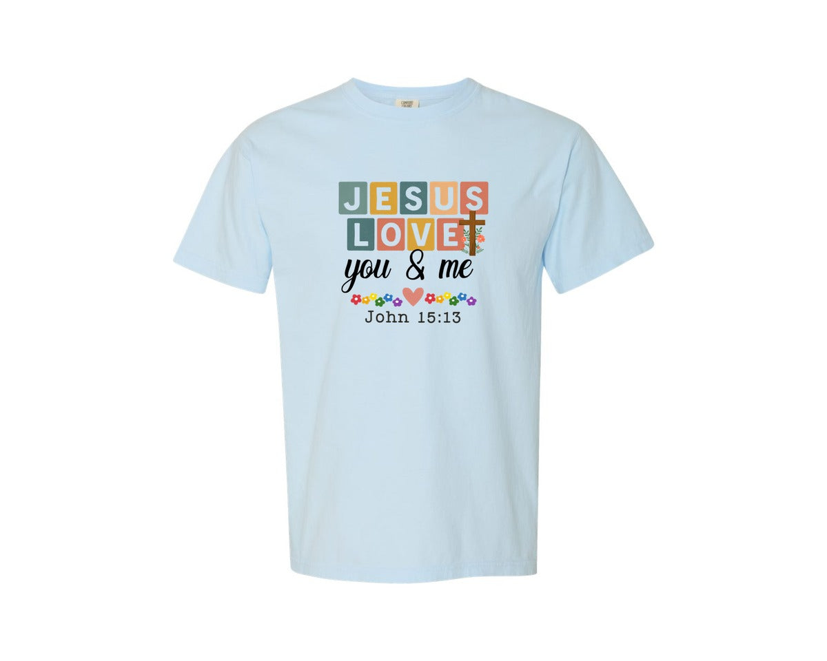 brand:Comfort Colors|color:Chambray|Jesus Loves You And Me Boho Christ Graphic T-Shirt