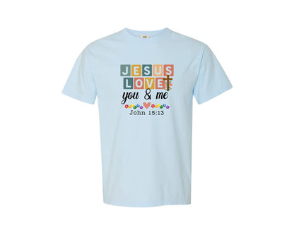 brand:Comfort Colors|color:Chambray|Jesus Loves You And Me Boho Christ Graphic T-Shirt
