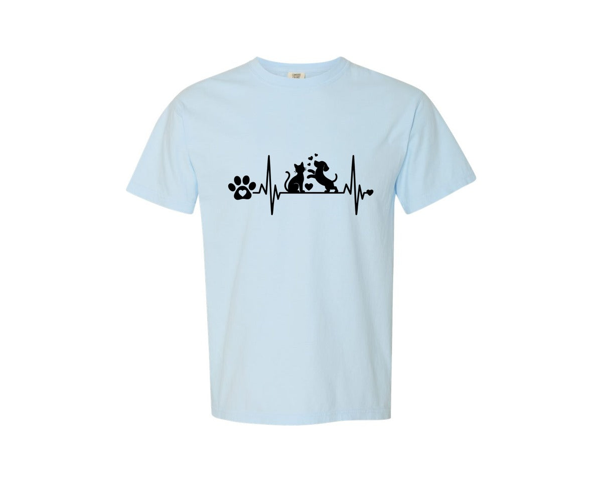 brand:Comfort Colors|color:Chambray|Dog Cat Heartbeat Paw Love Pet Lover Graphic T-Shirt