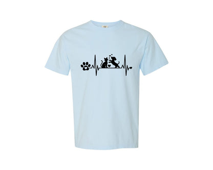 brand:Comfort Colors|color:Chambray|Dog Cat Heartbeat Paw Love Pet Lover Graphic T-Shirt