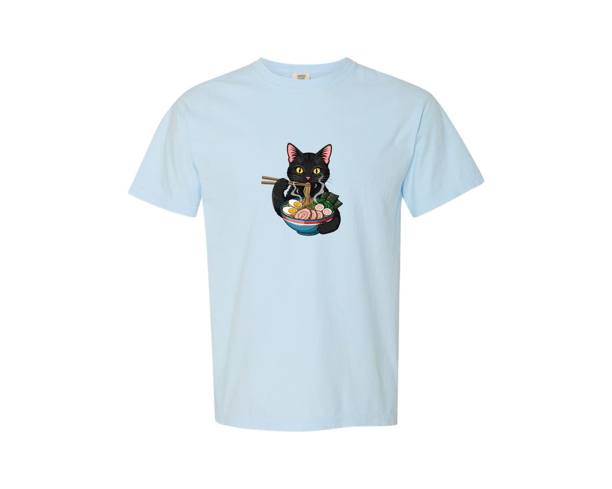 brand:Comfort Colors|color:Chambray|Cute Black Cat Eating Ramen Bowl Graphic T-Shirt