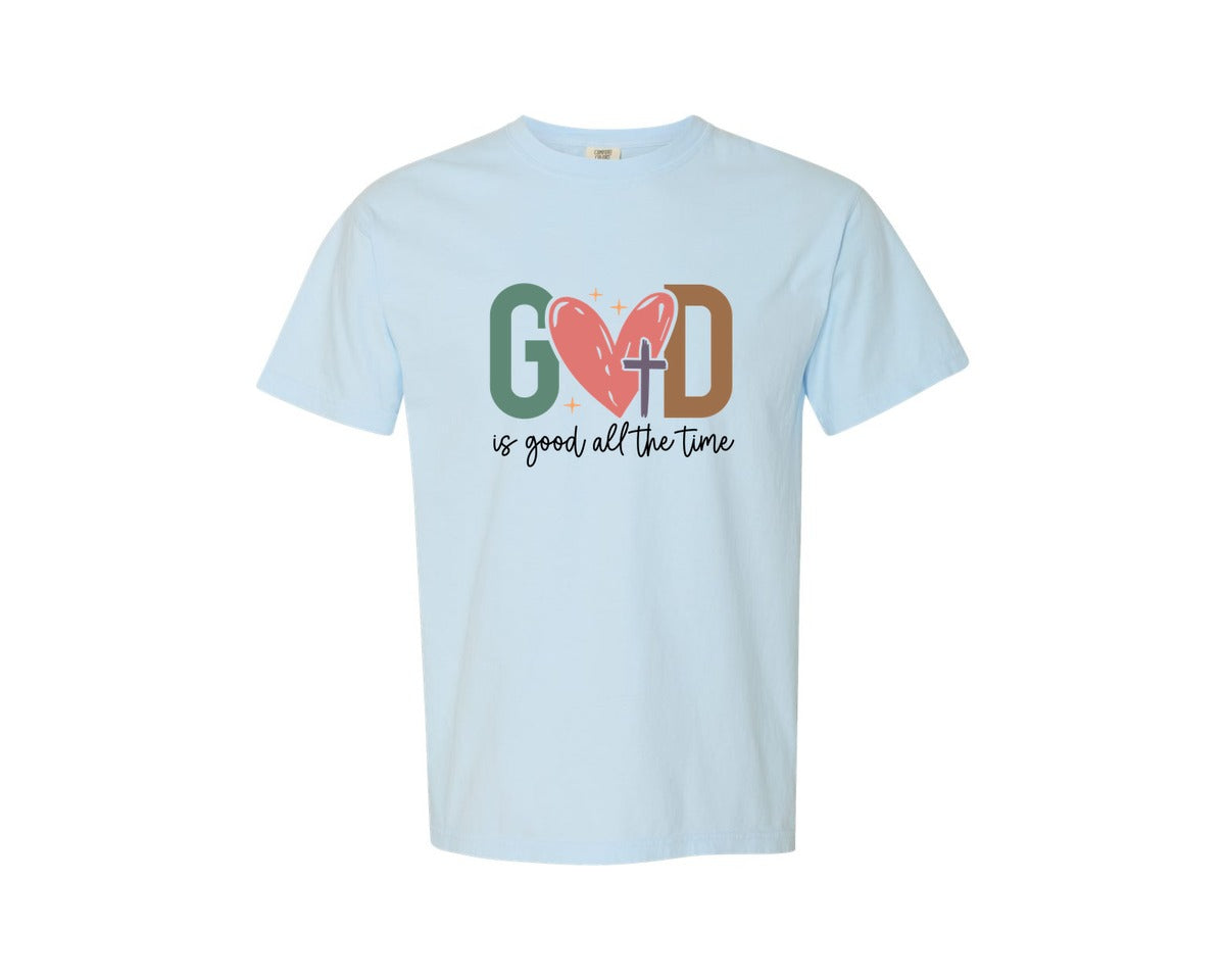 brand:Comfort Colors|color:Chambray|God Is Good All The Time Bible Verse 3 Graphic T-Shirt