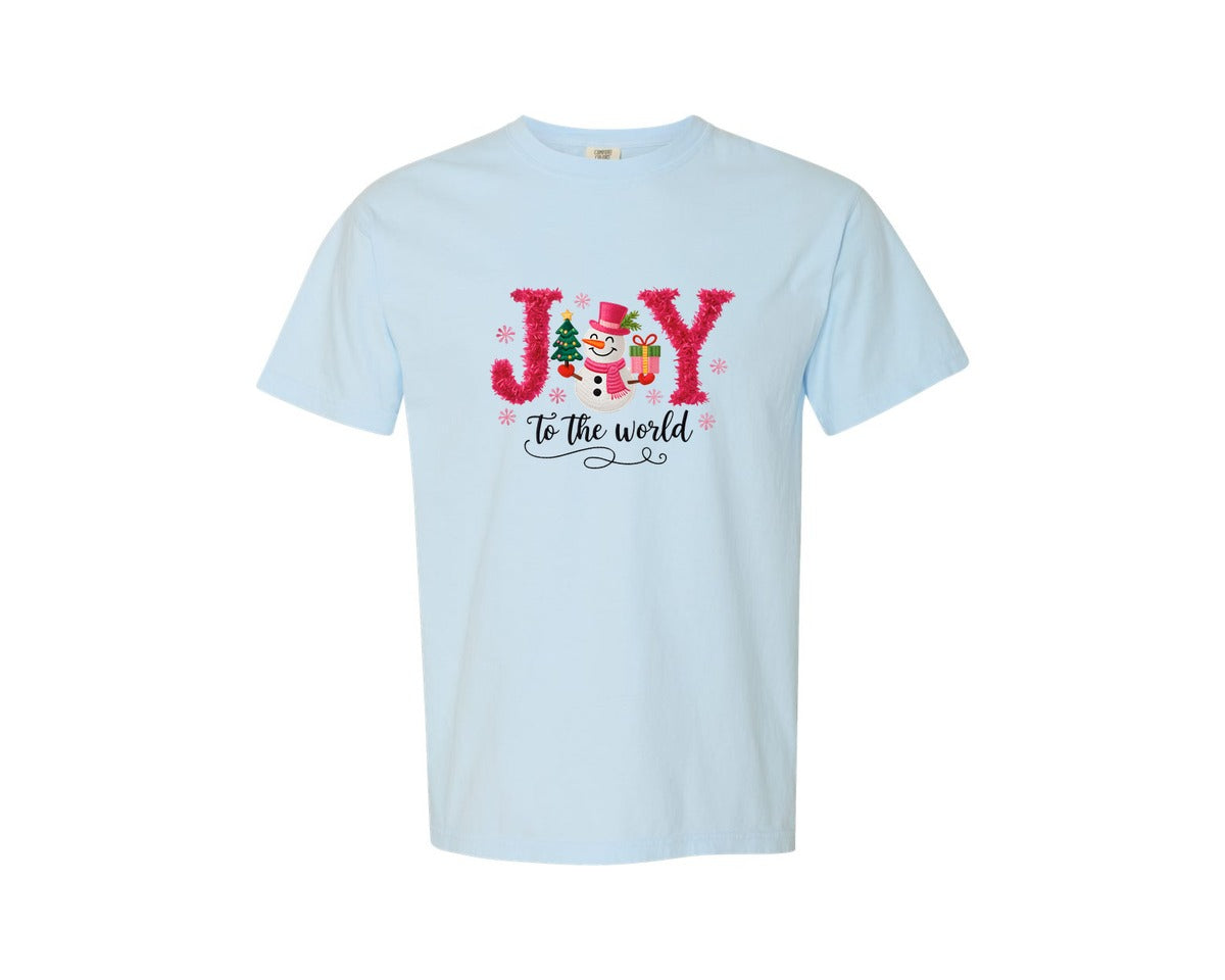 brand:Comfort Colors|color:Chambray|Joy To The World Faux Yarn Snowman Graphic T-Shirt
