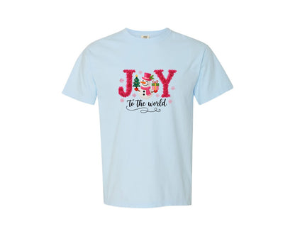 brand:Comfort Colors|color:Chambray|Joy To The World Faux Yarn Snowman Graphic T-Shirt