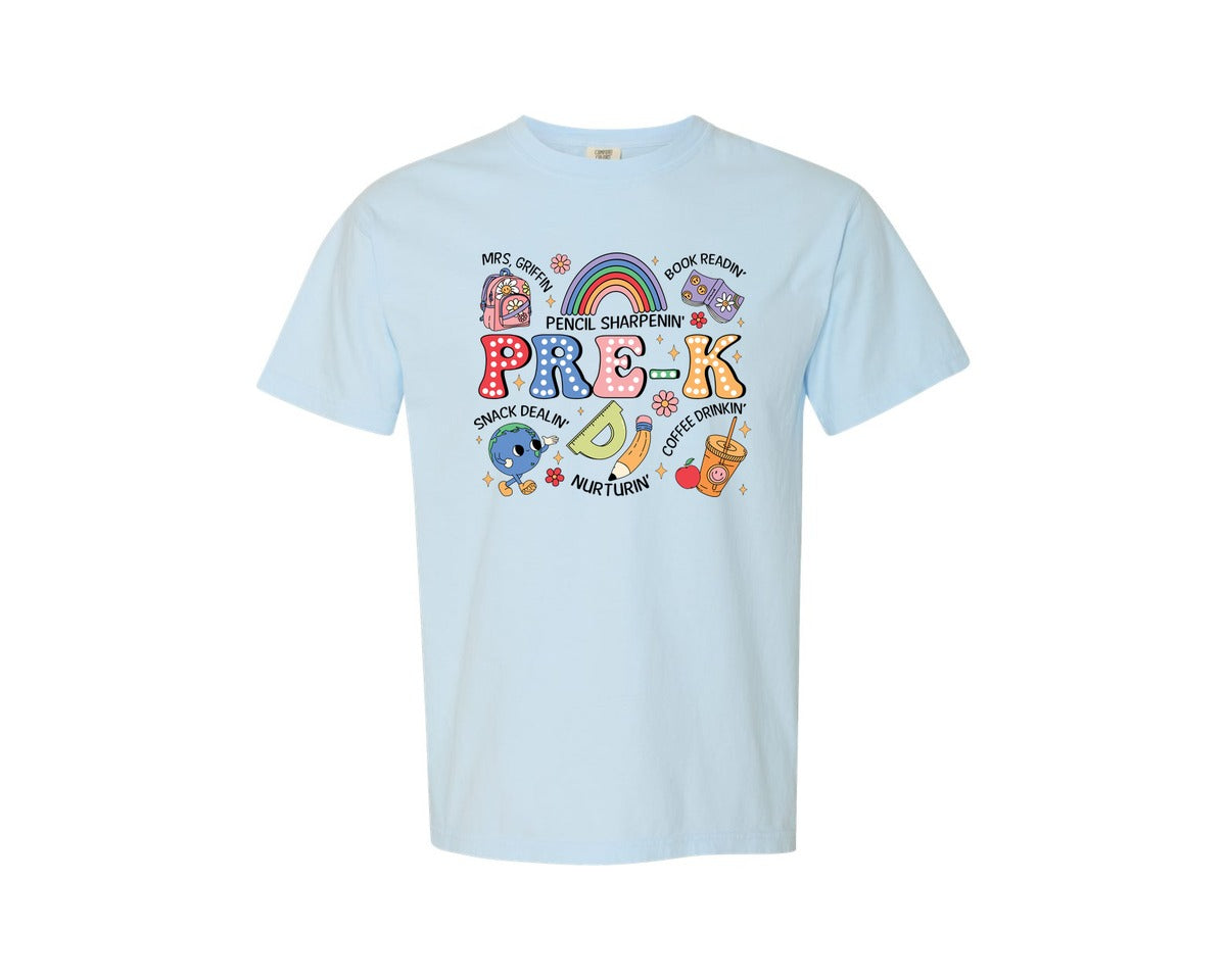 brand:Comfort Colors|color:Chambray|Cute Pre K Teacher Preschool Graphic T-Shirt
