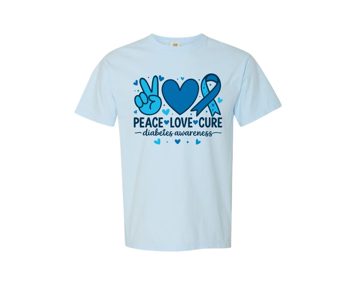 brand:Comfort Colors|color:Chambray|Peace Love Cure Diabetes Awareness 2 Graphic T-Shirt