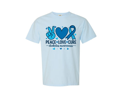 brand:Comfort Colors|color:Chambray|Peace Love Cure Diabetes Awareness 2 Graphic T-Shirt
