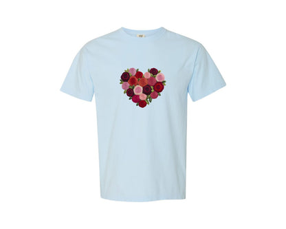 brand:Comfort Colors|color:Chambray|Faux Yarn Valentine Heart Roses Graphic T-Shirt
