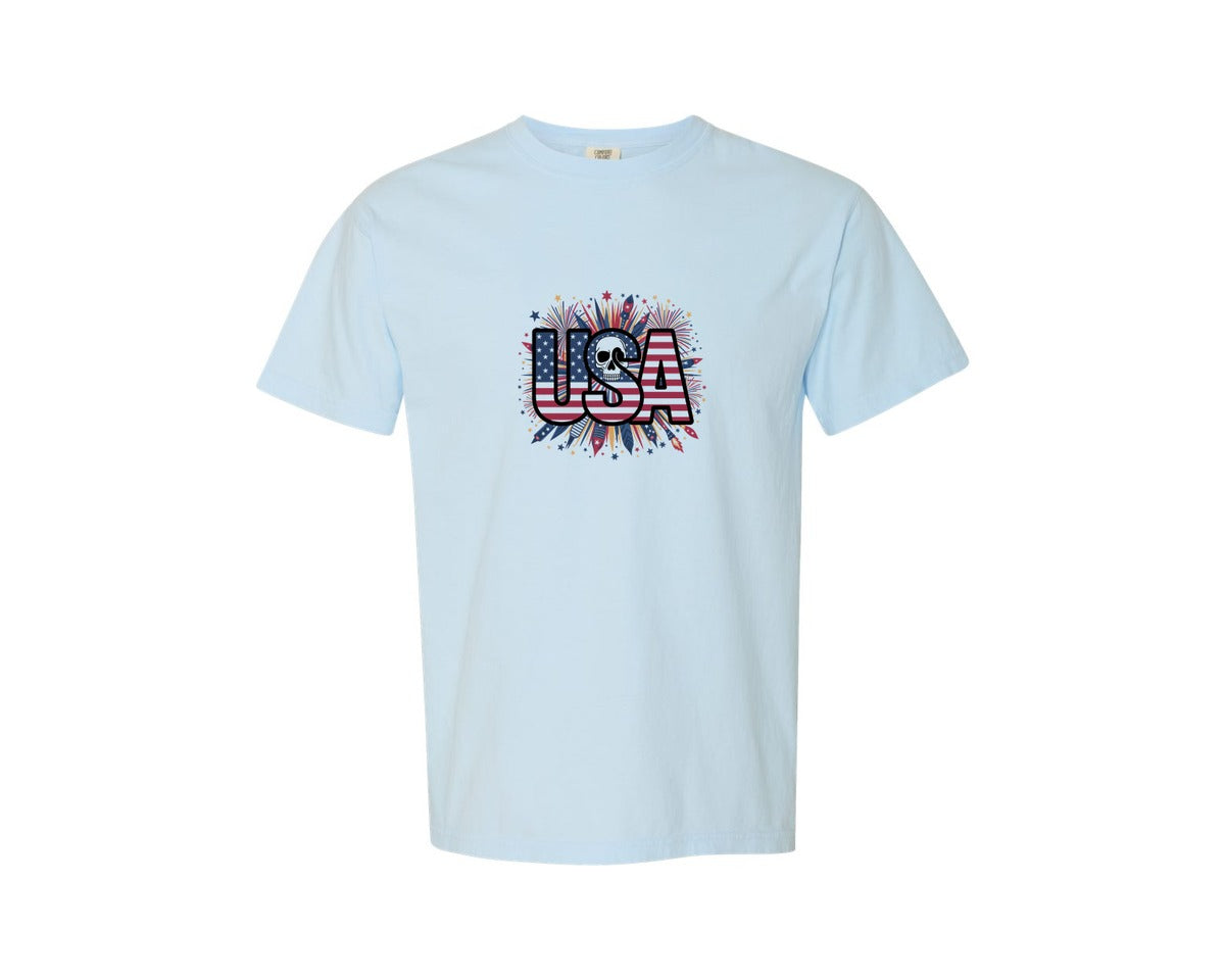 brand:Comfort Colors|color:Chambray|Usa Skull Fireworks 4Th Of July T Shirt 2 Graphic T-Shirt