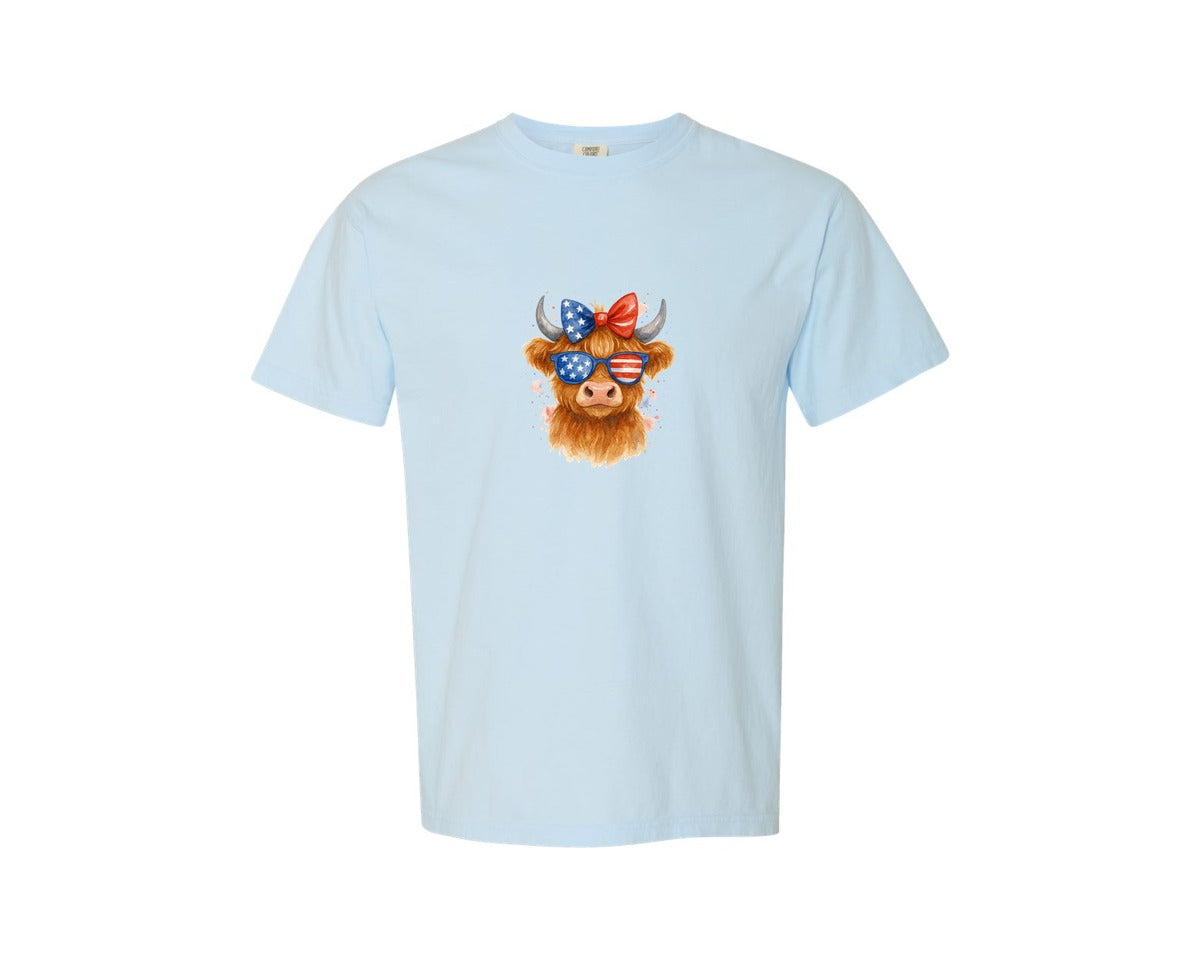 brand:Comfort Colors|color:Chambray|Watercolor Highland Cow 4Th Of July Graphic T-Shirt
