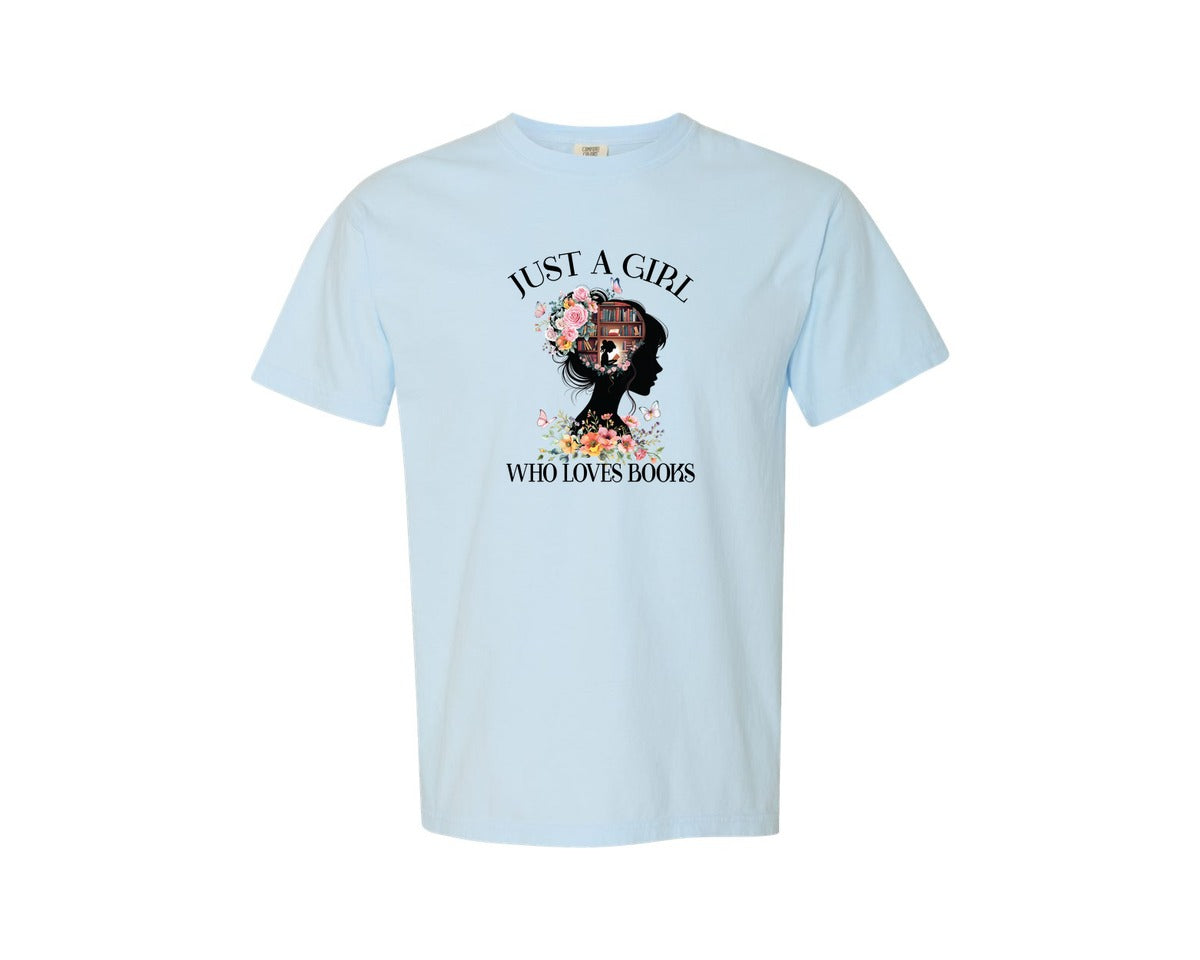 brand:Comfort Colors|color:Chambray|Just A Girl Who Loves Book 2 Graphic T-Shirt