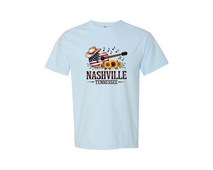 brand:Comfort Colors|color:Chambray|Nashville Tennessee Music Guitar Graphic T-Shirt