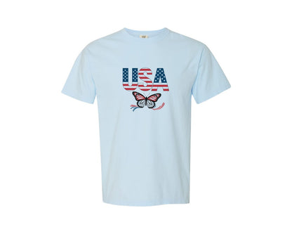 brand:Comfort Colors|color:Chambray|Usa Butterfly Patriotic Graphic T-Shirt