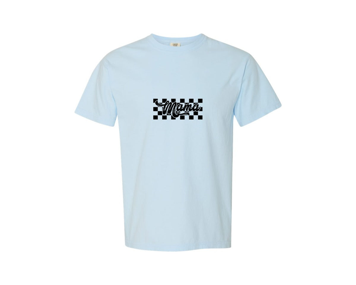 brand:Comfort Colors|color:Chambray|Retro Mama Checkered Bow Coquette B Graphic T-Shirt