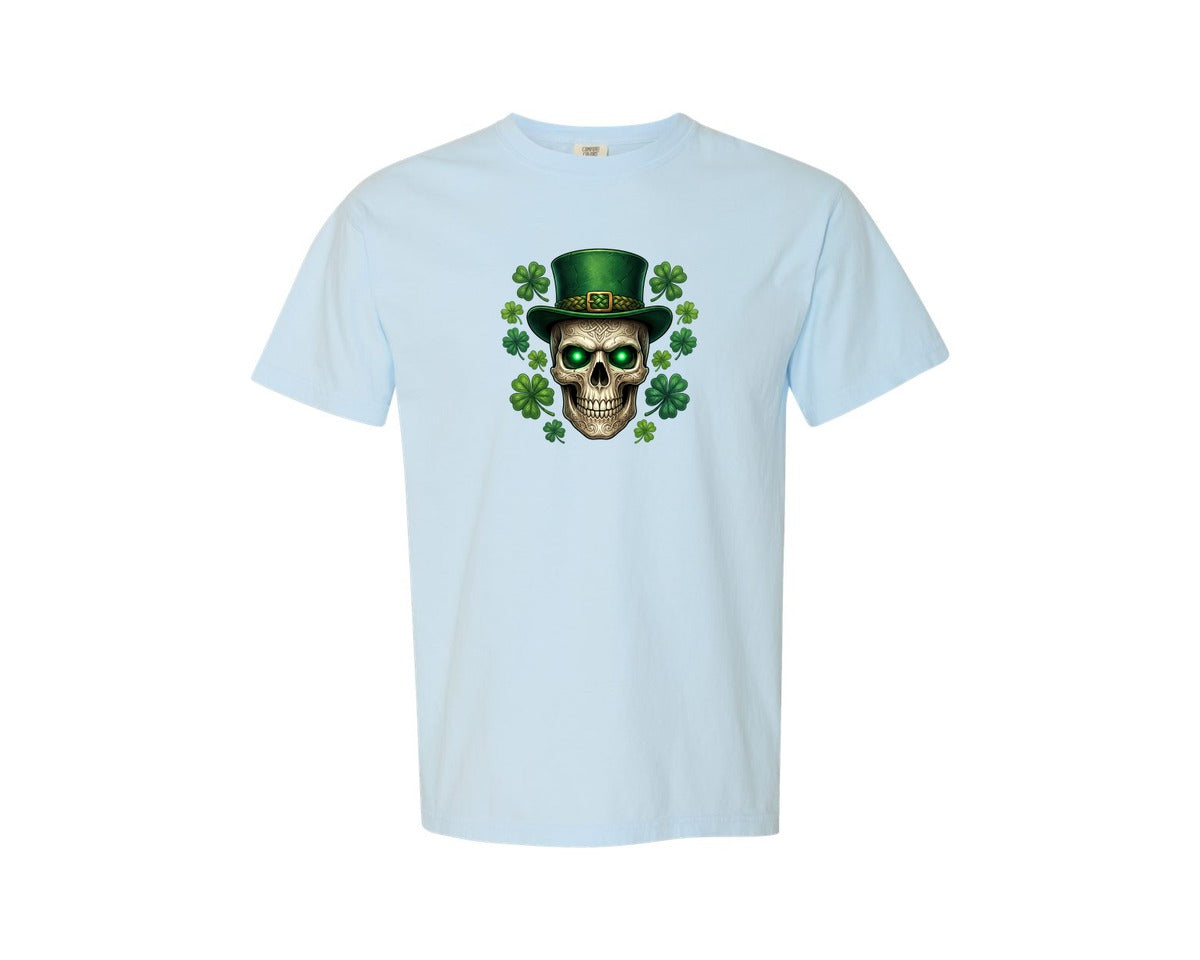 brand:Comfort Colors|color:Chambray|St Patricks Skull With Shamrocks Graphic T-Shirt