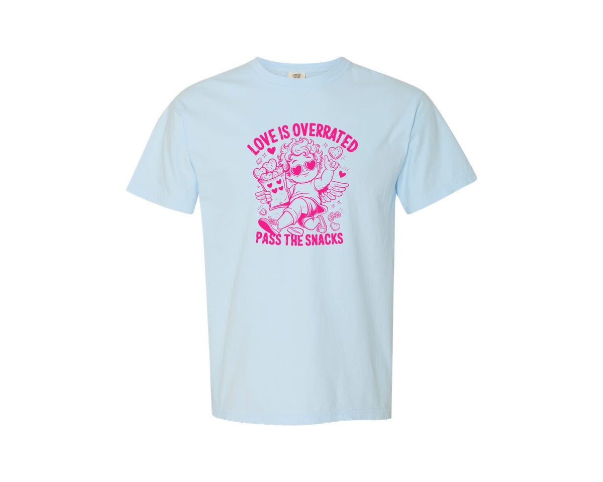brand:Comfort Colors|color:Chambray|Love Is Overrated Pass The Snacks Graphic T-Shirt