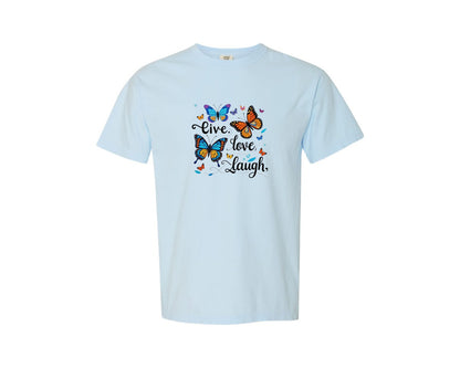 brand:Comfort Colors|color:Chambray|Live Love Laugh Butterflies T Shirt Graphic T-Shirt