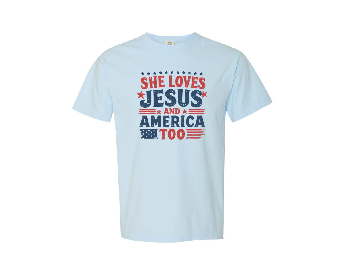 brand:Comfort Colors|color:Chambray|She Loves Jesus Vintage Usa Style Graphic T-Shirt
