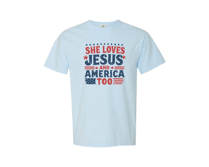 brand:Comfort Colors|color:Chambray|She Loves Jesus Vintage Usa Style Graphic T-Shirt