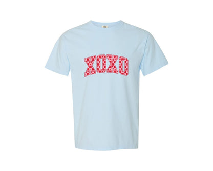 brand:Comfort Colors|color:Chambray|Xoxo Checkered Hearts Varsity Graphic T-Shirt