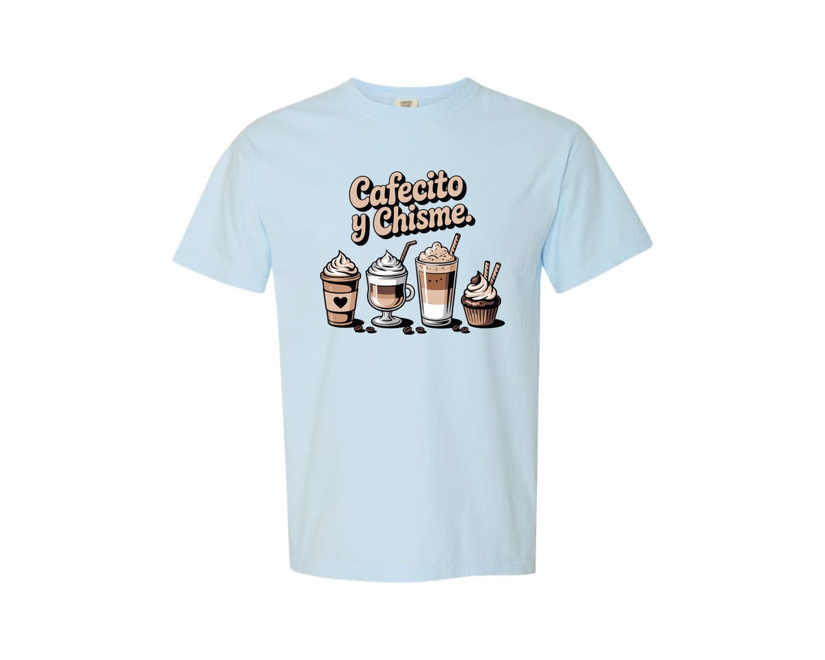 brand:Comfort Colors|color:Chambray|Cafecito Y Chisme Latte Coffee Graphic T-Shirt