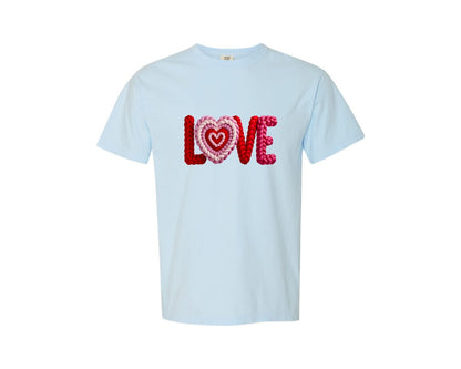 brand:Comfort Colors|color:Chambray|Faux Yarn Crochet Love Valentine Day 5 Graphic T-Shirt