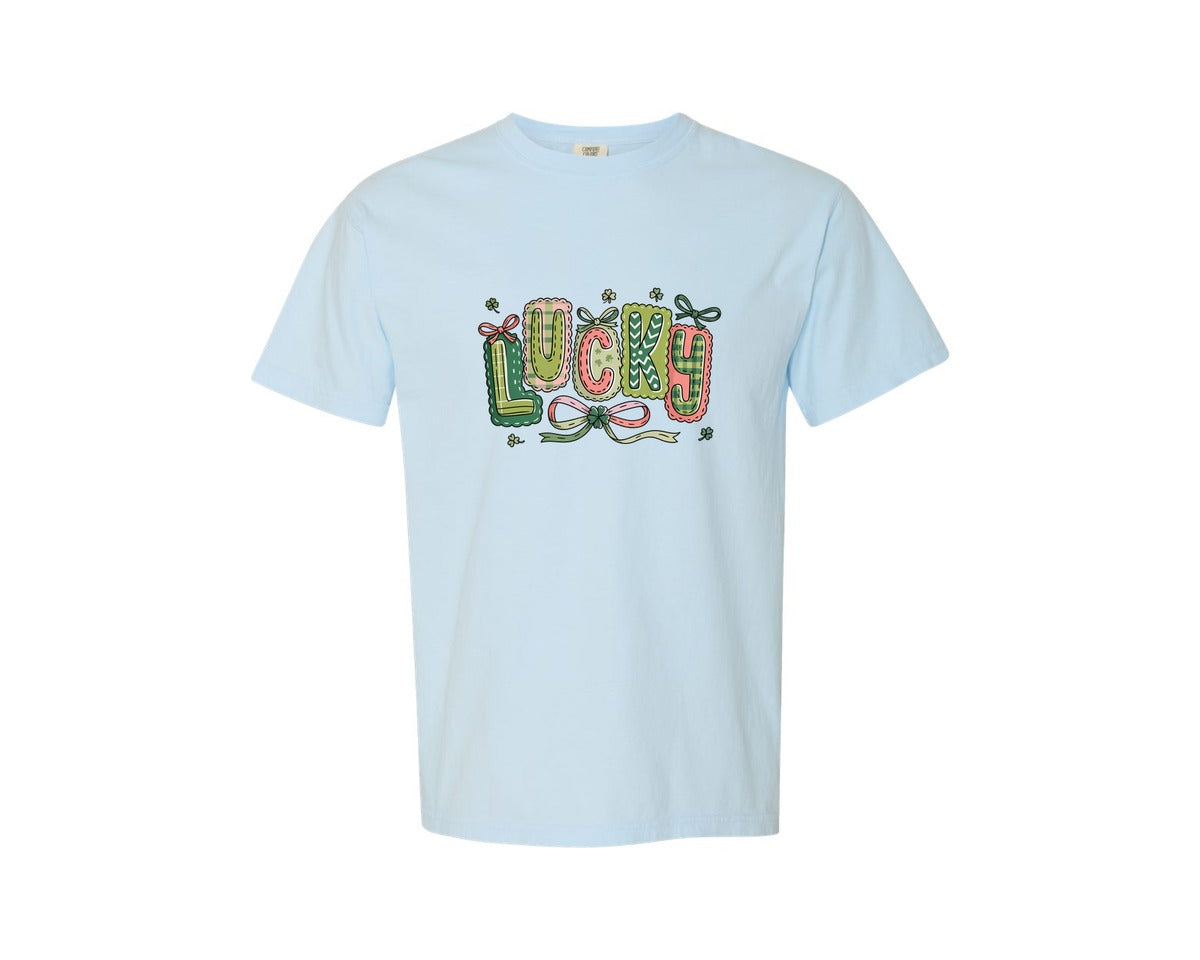 brand:Comfort Colors|color:Chambray|Lucky Shamrock Blessed Vibes 17 Graphic T-Shirt