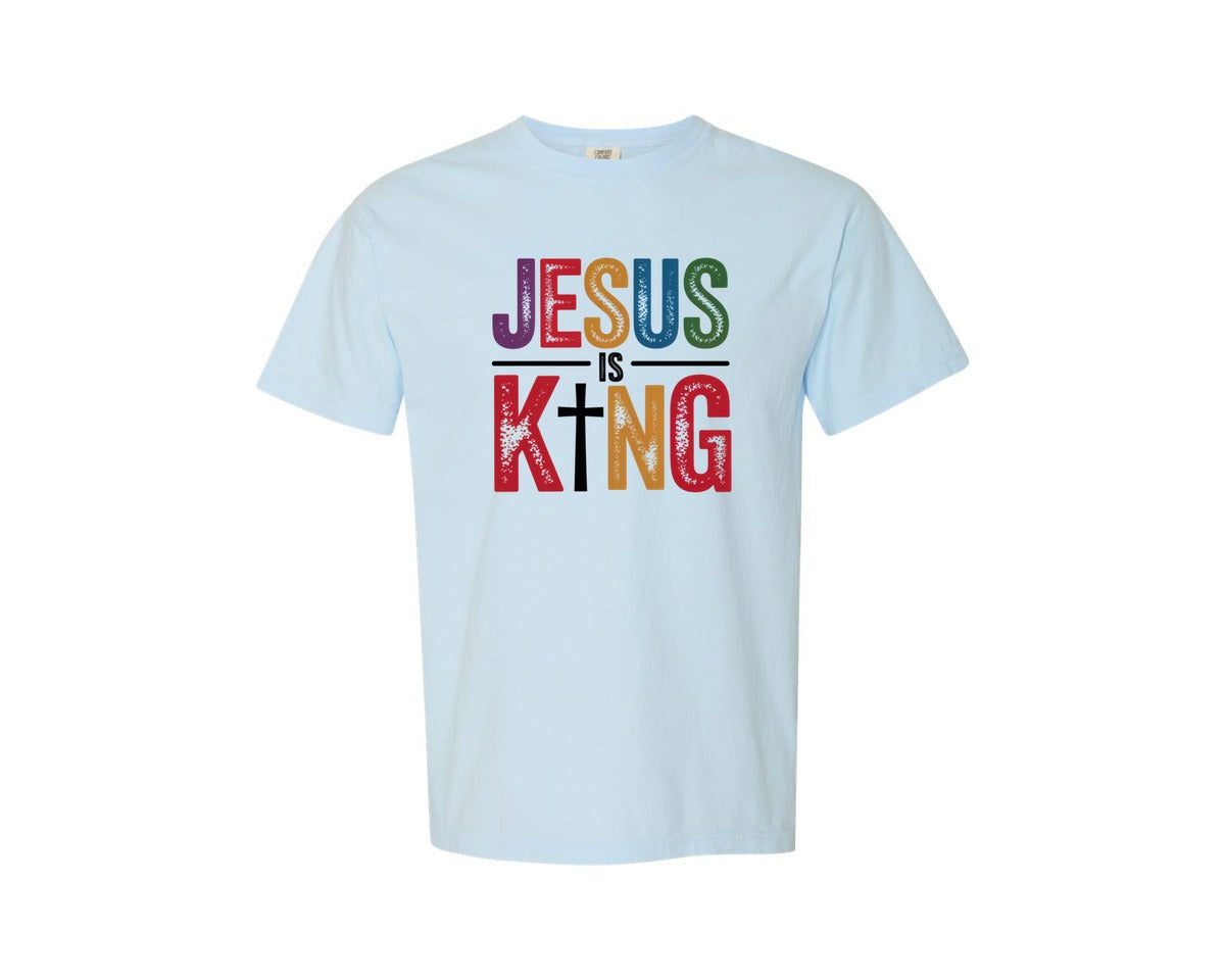 brand:Comfort Colors|color:Chambray|Jesus Is King Religious Graphic T-Shirt
