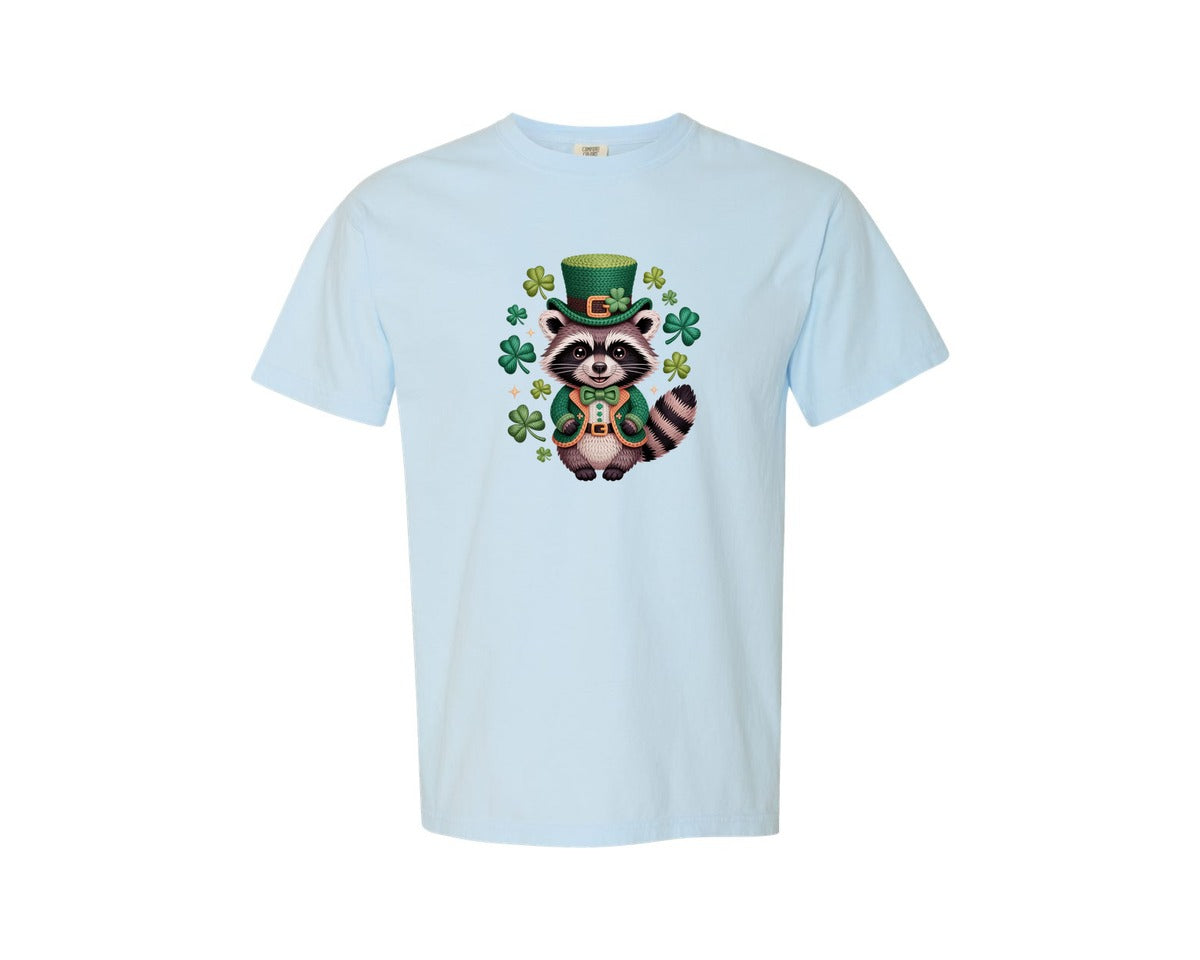 brand:Comfort Colors|color:Chambray|Faux Yarn Lucky Raccoon St Patricks Day Graphic T-Shirt