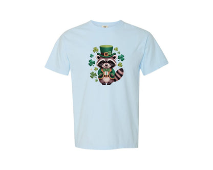 brand:Comfort Colors|color:Chambray|Faux Yarn Lucky Raccoon St Patricks Day Graphic T-Shirt