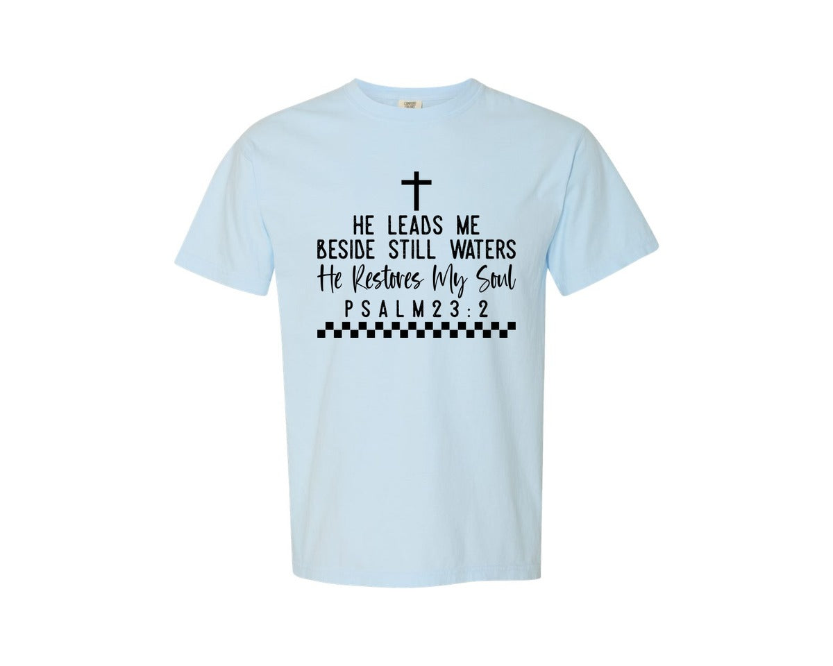 brand:Comfort Colors|color:Chambray|He Leads Me Beside Still Waters Graphic T-Shirt