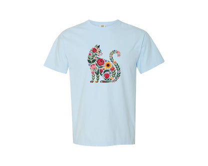 brand:Comfort Colors|color:Chambray|Folk Art Floral Cat Graphic T-Shirt