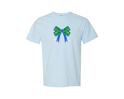 brand:Comfort Colors|color:Chambray|Green And Blue Bow Cute Ribbon Graphic T-Shirt