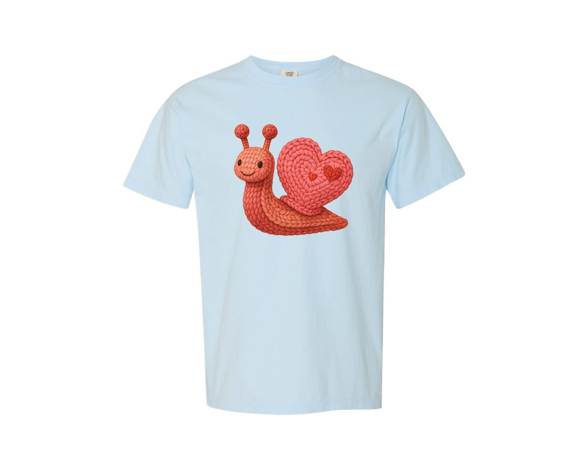 brand:Comfort Colors|color:Chambray|Faux Crochet Snail Cute Valentine Graphic T-Shirt