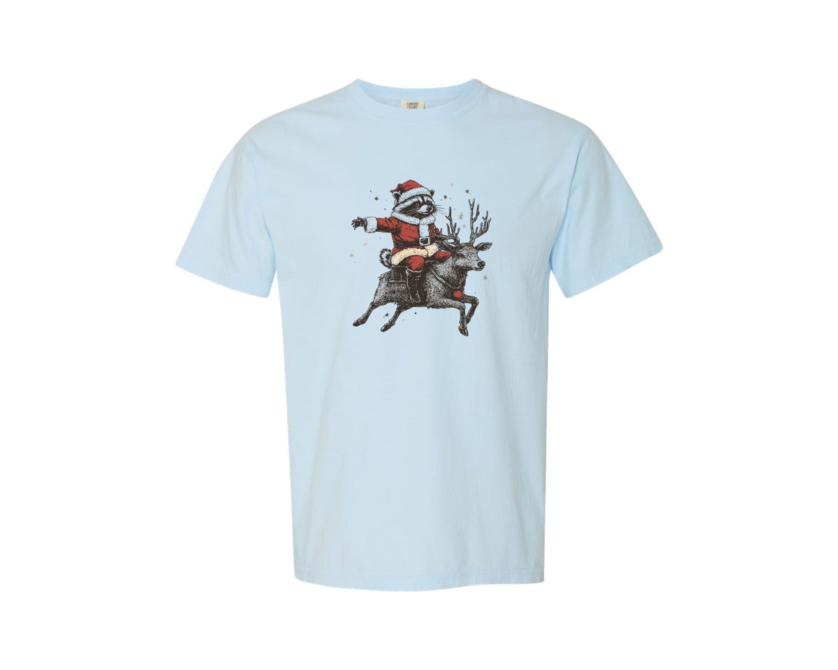 brand:Comfort Colors|color:Chambray|Christmas Raccoon And Reindeer T Shirt Graphic T-Shirt