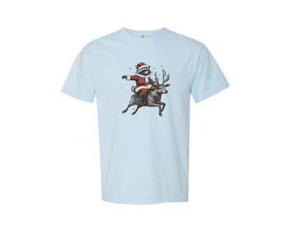 brand:Comfort Colors|color:Chambray|Christmas Raccoon And Reindeer T Shirt Graphic T-Shirt