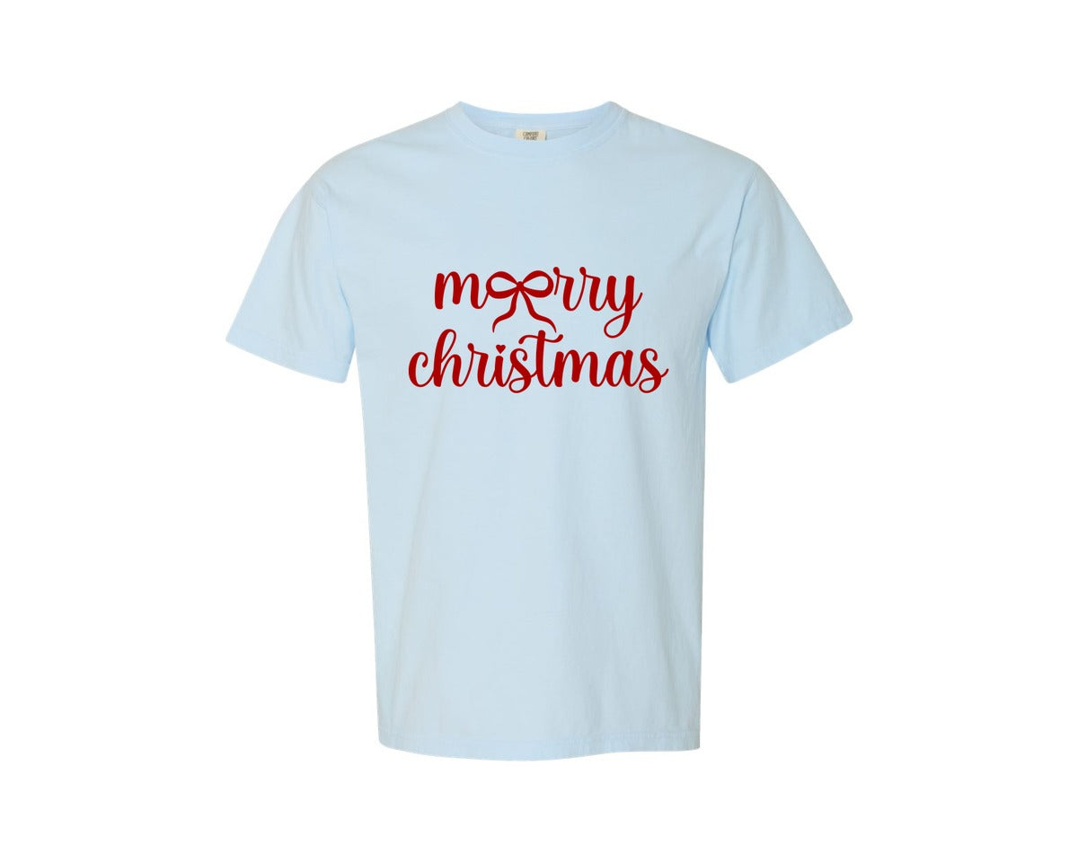 brand:Comfort Colors|color:Chambray|Merry Christmas With Bows In 4 Colors Graphic T-Shirt