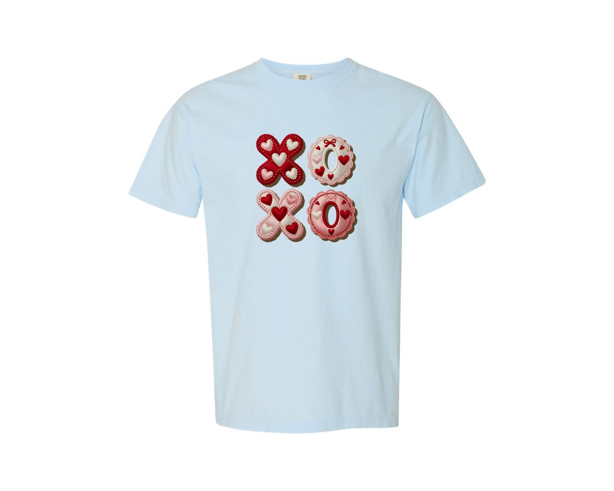 brand:Comfort Colors|color:Chambray|Xoxo Patchwork Valentine Cute Bow 3 Graphic T-Shirt