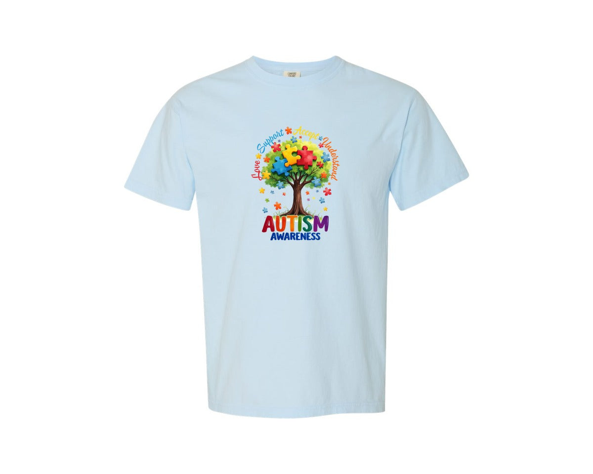 brand:Comfort Colors|color:Chambray|Autism Awareness Love Support Tree Graphic T-Shirt