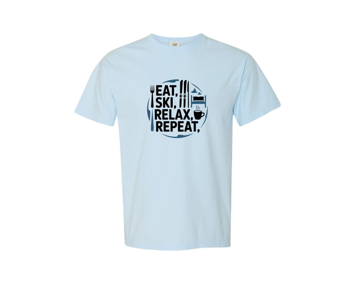 brand:Comfort Colors|color:Chambray|Eat Ski Relax Repeat Graphic T-Shirt