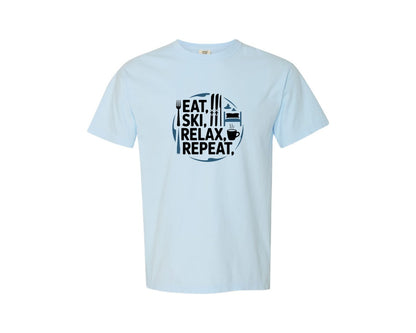 brand:Comfort Colors|color:Chambray|Eat Ski Relax Repeat Graphic T-Shirt