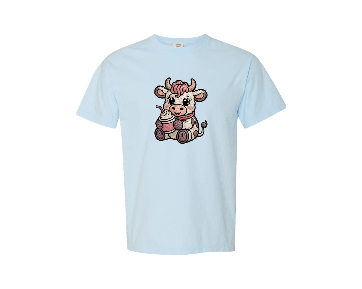 brand:Comfort Colors|color:Chambray|Faux Crochet Valentine Highland Cow Graphic T-Shirt