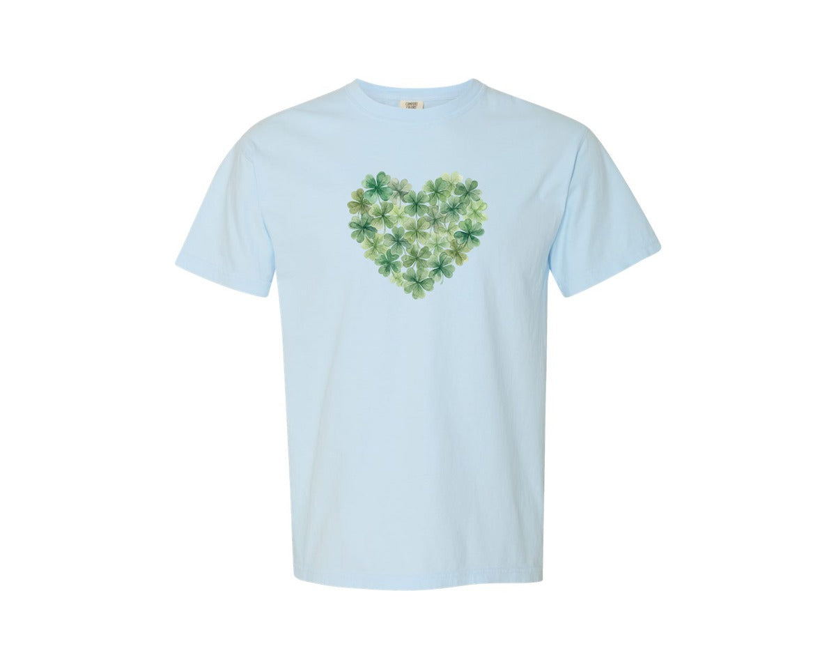 brand:Comfort Colors|color:Chambray|Watercolor Shamrock Heart Graphic T-Shirt