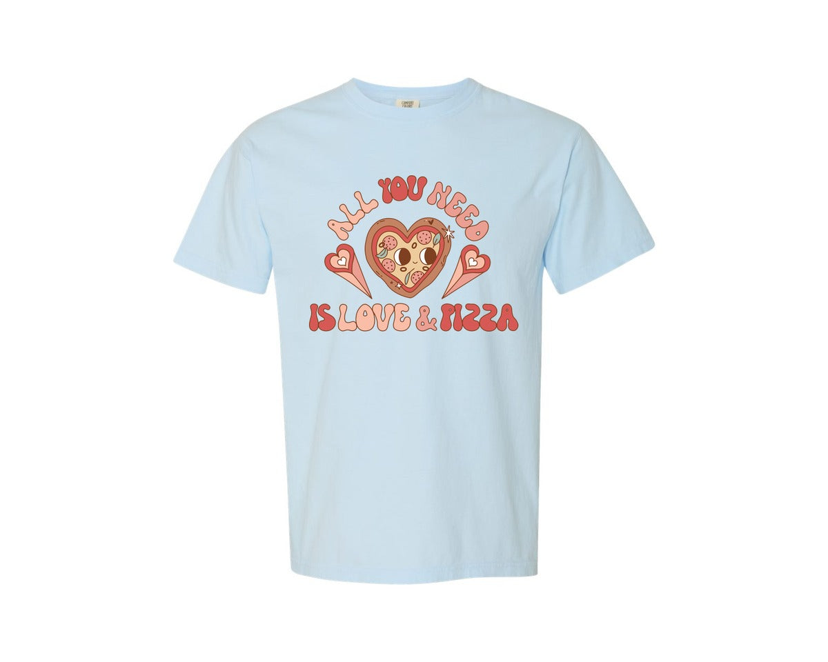 brand:Comfort Colors|color:Chambray|All You Need Is Love And Pizza Set Graphic T-Shirt