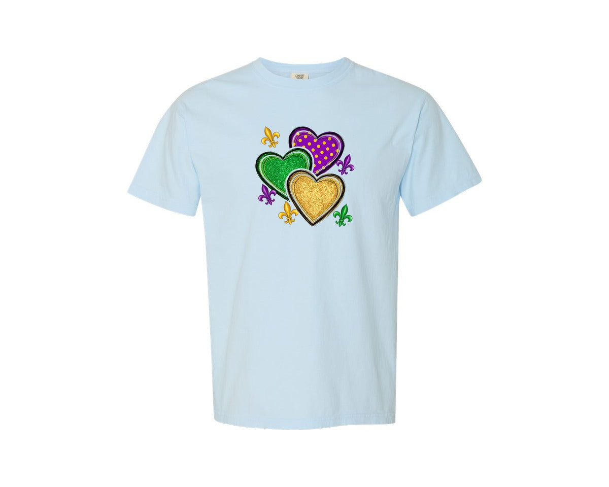 brand:Comfort Colors|color:Chambray|Mardi Gras Heart Glitter Fleur De Lis Graphic T-Shirt