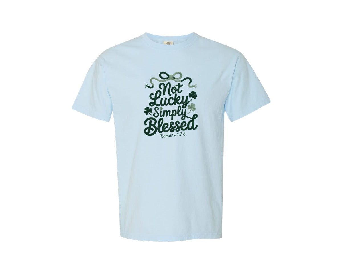 brand:Comfort Colors|color:Chambray|Not Lucky Simply Blessed Faux Yarn 3 Graphic T-Shirt