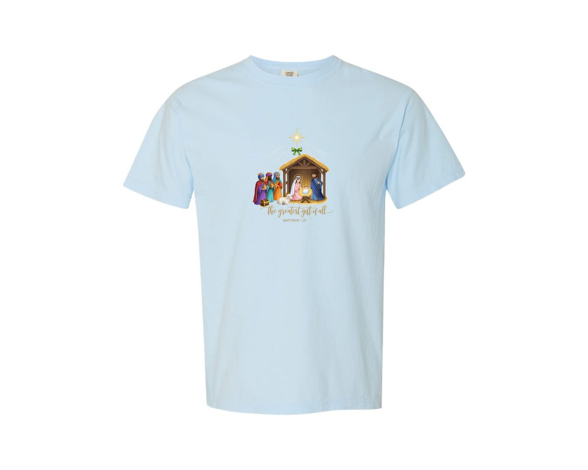 brand:Comfort Colors|color:Chambray|Christian Christmas Manger With Wise Men Graphic T-Shirt