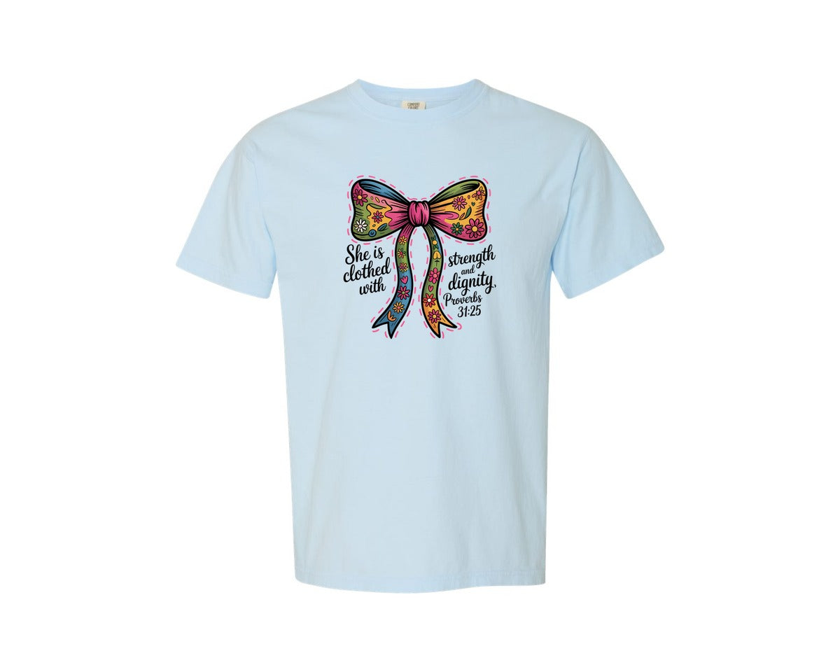 brand:Comfort Colors|color:Chambray|She Is Clothed With Strength Bow Graphic T-Shirt