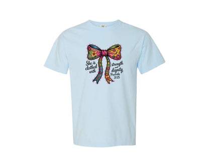 brand:Comfort Colors|color:Chambray|She Is Clothed With Strength Bow Graphic T-Shirt